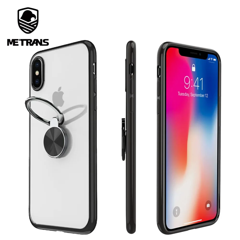 

Metrans For iPhone XS X TPU Silicone Case Transparent Finger Ring Holder Phone Case For iPhone 7 8 Protect Rubber Phone Case