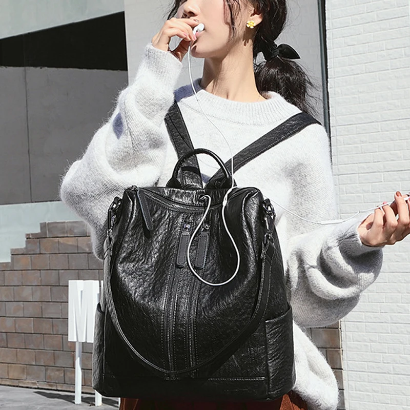 

Vintage Simple Solid Shoulder Bags Women Backpack Quality Leather Pu Bags Teenager Casual Travel Bags mochila feminina B43-97