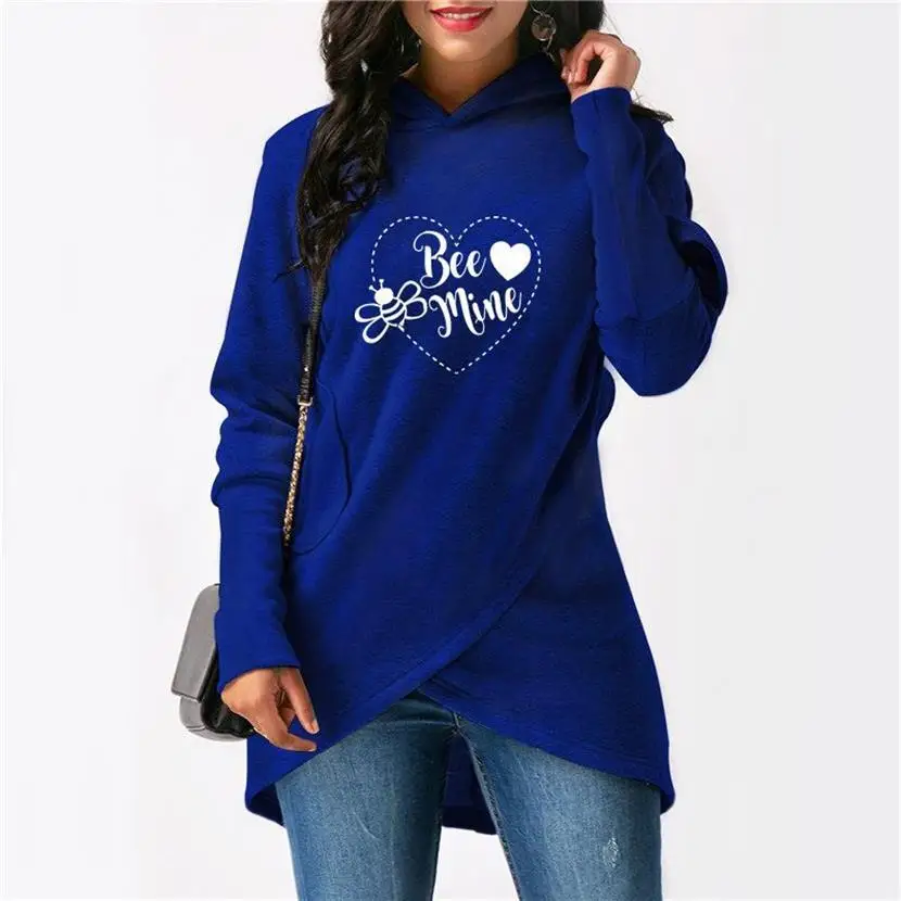 Split Hoodies For Women Bee Mine Heart Letters Print Tops Kawaii Sweatshirts Hoodies Women Female Print Loose 2018 Comfortable