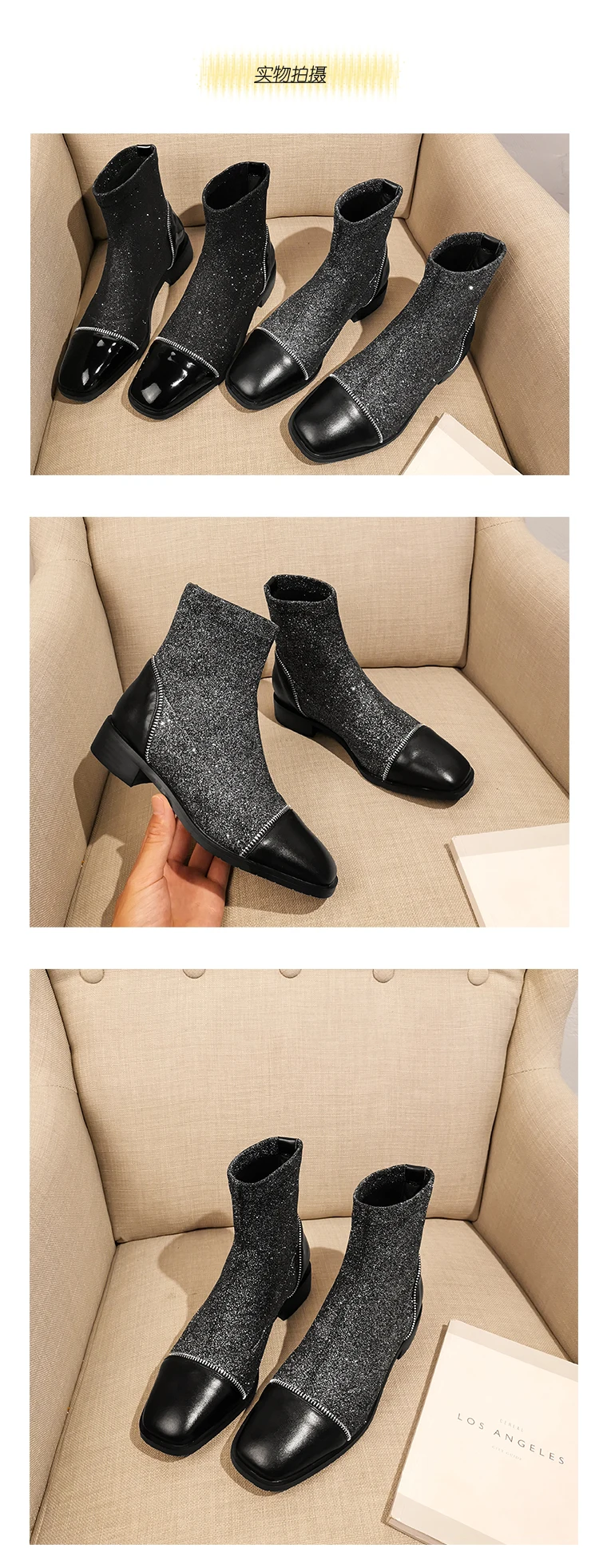 women Ankle boots Genuine Leather 22-25 cm feet length ankle boots for women cow patent leather+ Lycra fabric shoes woman