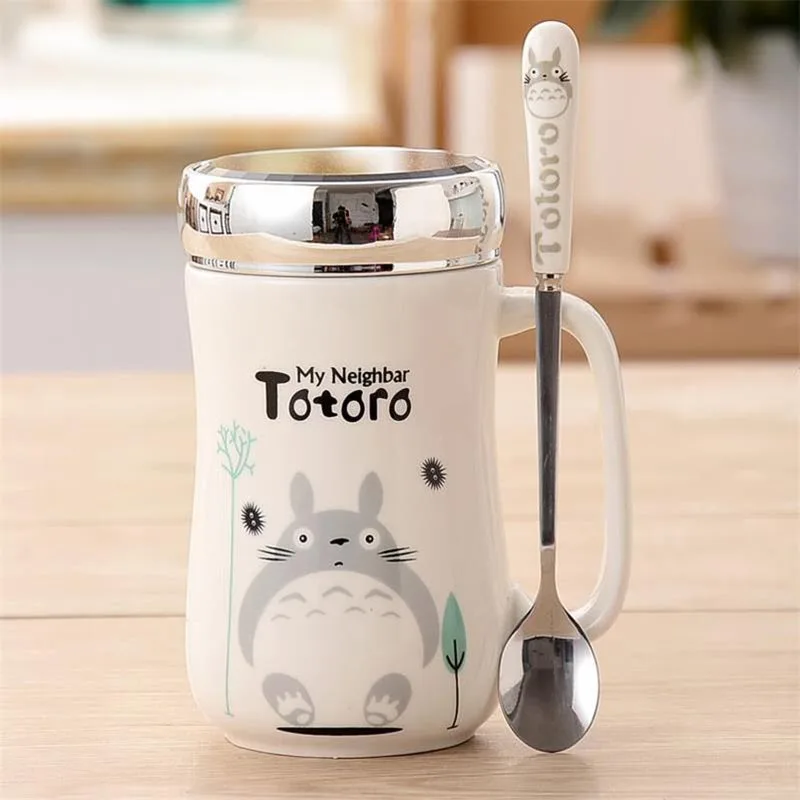 450ml Doraemon Ceramic Coffee Mugs with Mirror Lid and Spoon Cute Totoro Tea Cup Milk Mug for Women Girls Student Teen - Цвет: Totoro-B