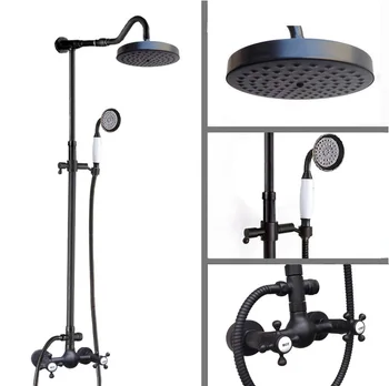 

Black Oil Rubbed Bronze Wall Mount 7.7 inch Rain Shower Head Bathroom Shower Faucet Set Double Cross Handle + Hand Shower Crs797