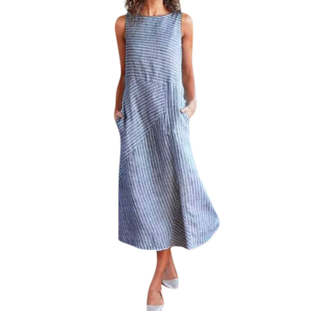 

TELOTUNY Women Dress Women Casual Striped Sleeveless Dress Crew Neck Linen Pocket Long Dress O-neck Loose Stripe Dress For Women