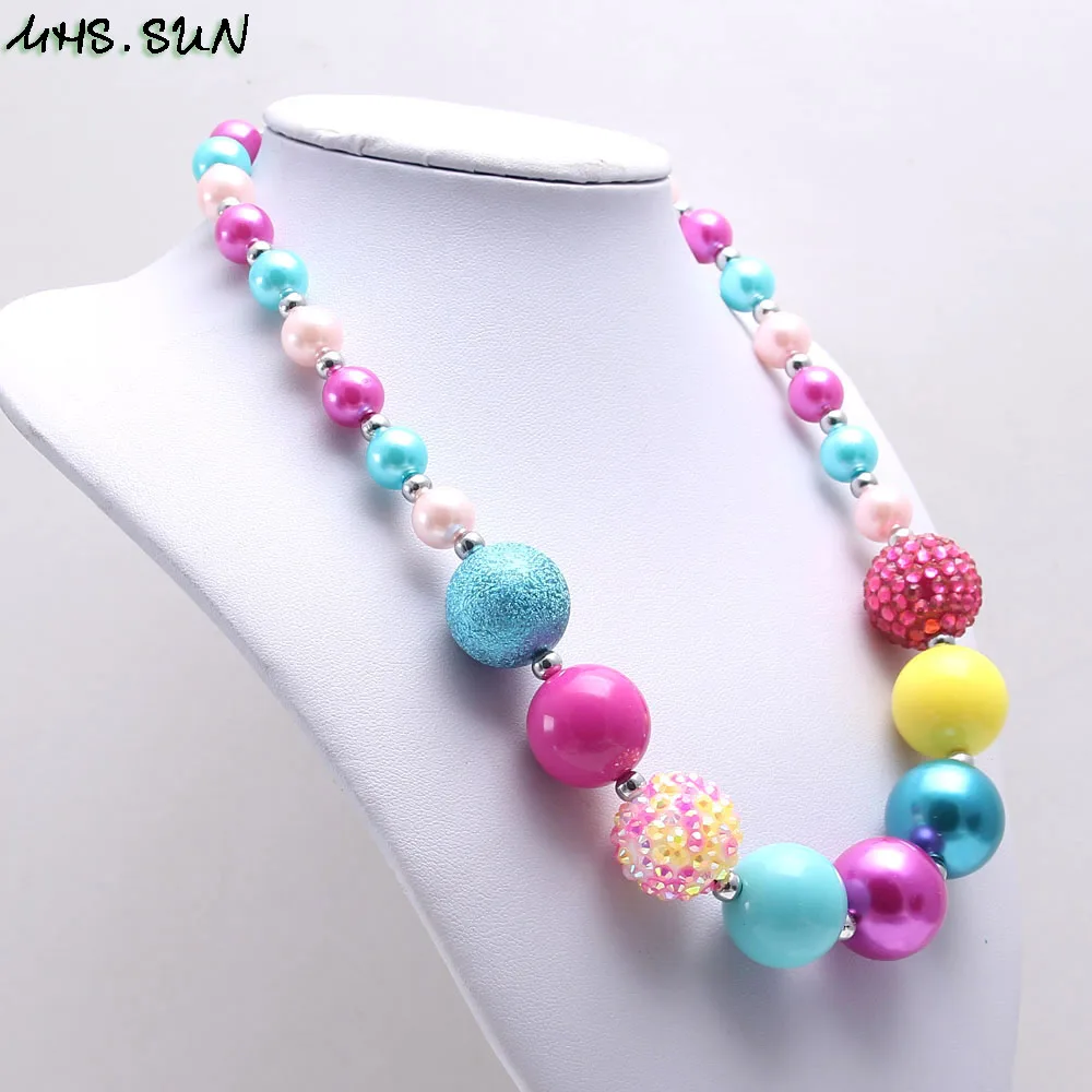 BN612 (12) Fashion Spring Colorful Kids Girls Chunky Beads Necklace Baby Girls Bubblegum Beads Necklace Charm Chunky Jewelry Gift 
