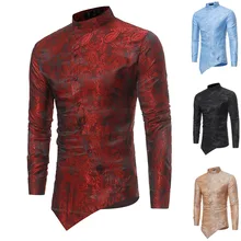 Цветочный Пейсли фольгированный принт косой срез открытая рубашка Мужская s косая пуговица стоячий воротник облегающий Топ винтажный Тонкий Топ для мужчин белый
