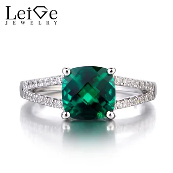 

Leige Jewelry 925 Sterling Silver Lab Emerald Ring May Birthstone Gemstone Cushion Cut Promise Engagement Rings for Women