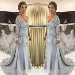 Платья для матери невесты 2019 vestido de madrinha с v-образным вырезом и длинными рукавами Русалка Кружева аппликация бисер Длинные Плюс Вечерние