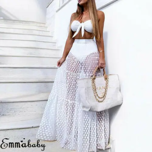 

2019 Summer Women's See-Through Long Maxi Polka Dots Skirt Beach Outwear Sun Protect Girls Clothes