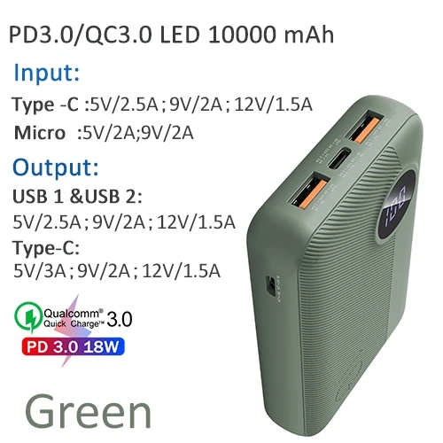ROCK Mini power Bank 10000 мАч светодиодный дисплей USB C PD Быстрая зарядка 3,0 18 Вт мини-камера PD power bank 3A Быстрая зарядка Внешняя батарея - Цвет: PD Green