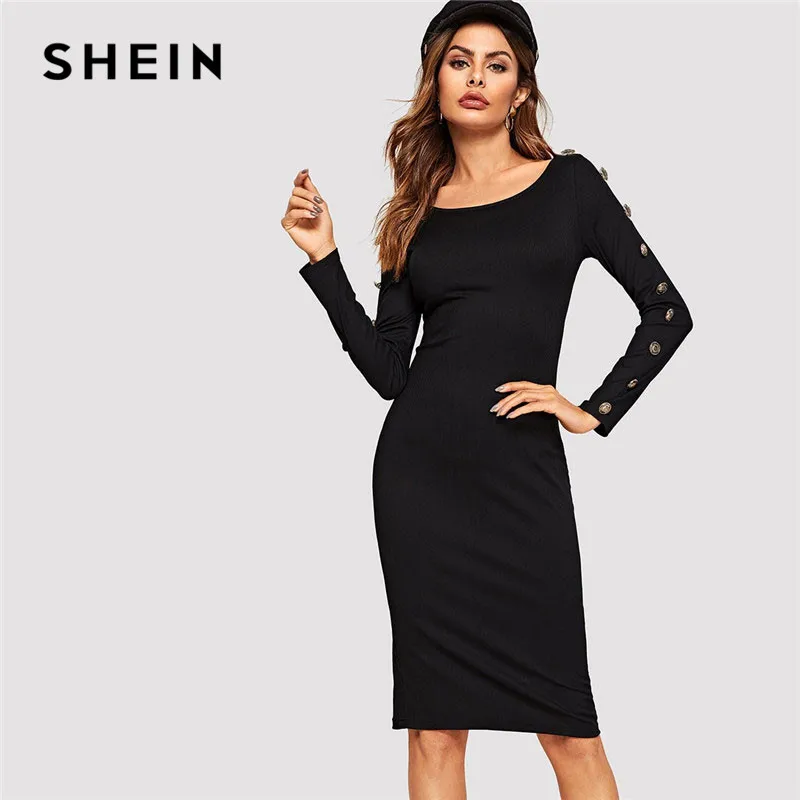 SHEIN черное платье карандаш с рукавом на пуговицах, женское весеннее ...