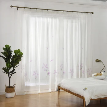 

Chinese Hand-painted Window Tulle Curtains Modern Simple Flowers Pink Voile Curtains for Living Room Bedroom Sheer Home Textile