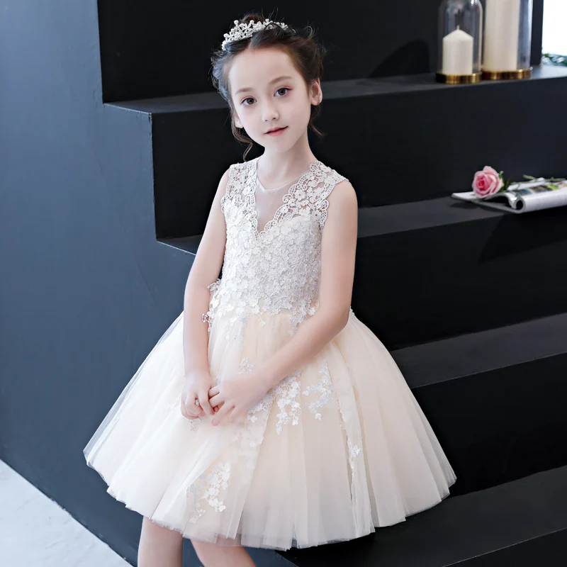 Champagne Lace Summer Girl Dress Flower for Wedding Birthday V-Neck Pageant Princess Gown First Communion | Детская одежда и обувь