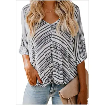 

Women Summer Striped V Neck Twist Knot Casual Tops Pattern Design Loose Blouse Pullover Fashion