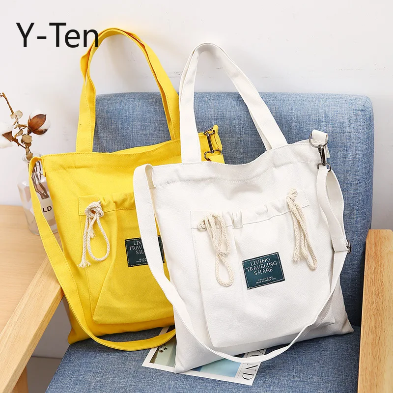 

Simple Canvas Solid Black White 6Colors Eco Shopping Tote Shoulder Bag Yellow Strap Zipper Closed 3 Adjustable Straps