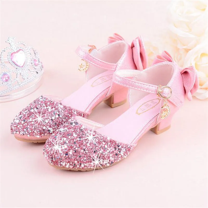 Girls sandals high heels spring and summer rhinestones bow princess Performance /wedding crystal single shoes shiny silver - Цвет: Pink