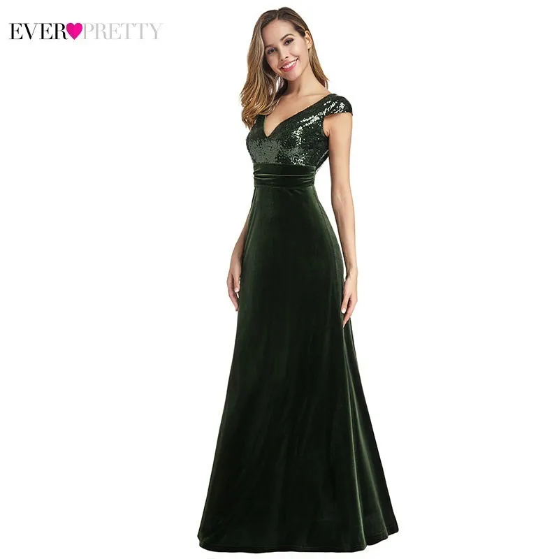 Ever Pretty темно-зеленое Русалка платье для выпускного вечера с длинным v-образным вырезом, расшитое блестками бархатное Элегантное Вечернее Платье Vestidos De Fiesta De Noche