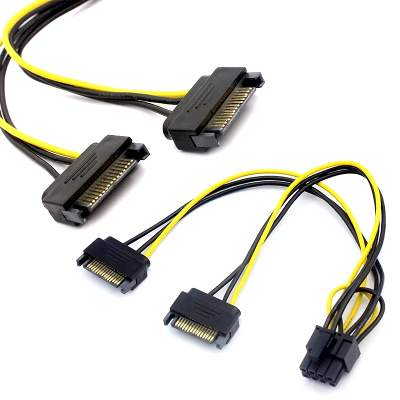 Graphics Card 18AWG Wire Connector 1 IN 2 Male 15Pin to 8Pin SATA Cable for Mining Miner 20CM Dual SATA Power Cable 15P to 8P