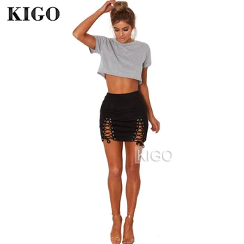 

KIGO Sexy Lace Up Cross Pencil Skirt Women Elegant Hollow Out Short Skirt Suede Women Casual Split Bodycon Skirt KF2368H