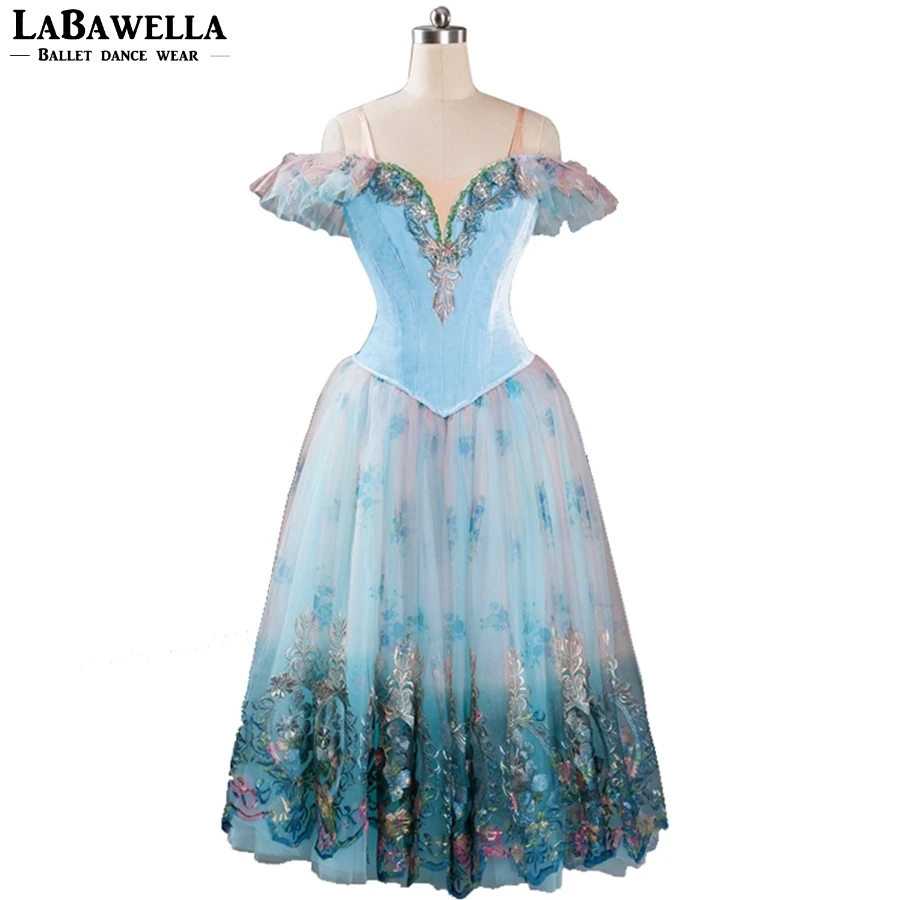 Girls Performance Clssical Stage Costume Blue Velvet Lyrical Professional Adult Ballet Dress Long Skirts Women BT9116
