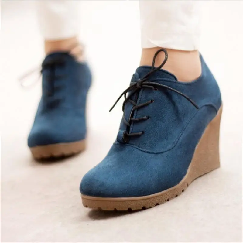 Женская Удобная модная обувь на платформе; повседневная женская обувь; однотонные короткие рыцарские сапоги; женская обувь на танкетке 8 см; 5 цветов - Цвет: Синий