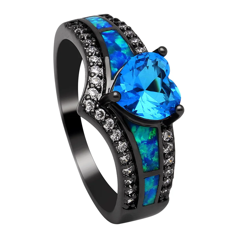 

Hot Sale Black Plated Rainbow Blue Purple Blue Fire Opal Love Heart Rings for Women Wholesale Fashion Jewelry Cocktail Ring Gift