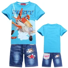 Детские летние шорты с рисунком самолета для мальчиков джинсовые штаны комплекты спортивной одежды футболка с короткими рукавами для маленьких детей джинсовые костюмы