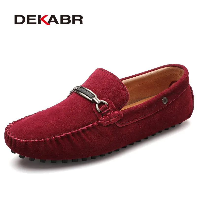 Мужские однотонные мокасины из замши DEKABR, темно-синие повседневные кожаные слипоны для вождения, обувь без шнуровки для мужчин, весна-осень - Цвет: Wine Red