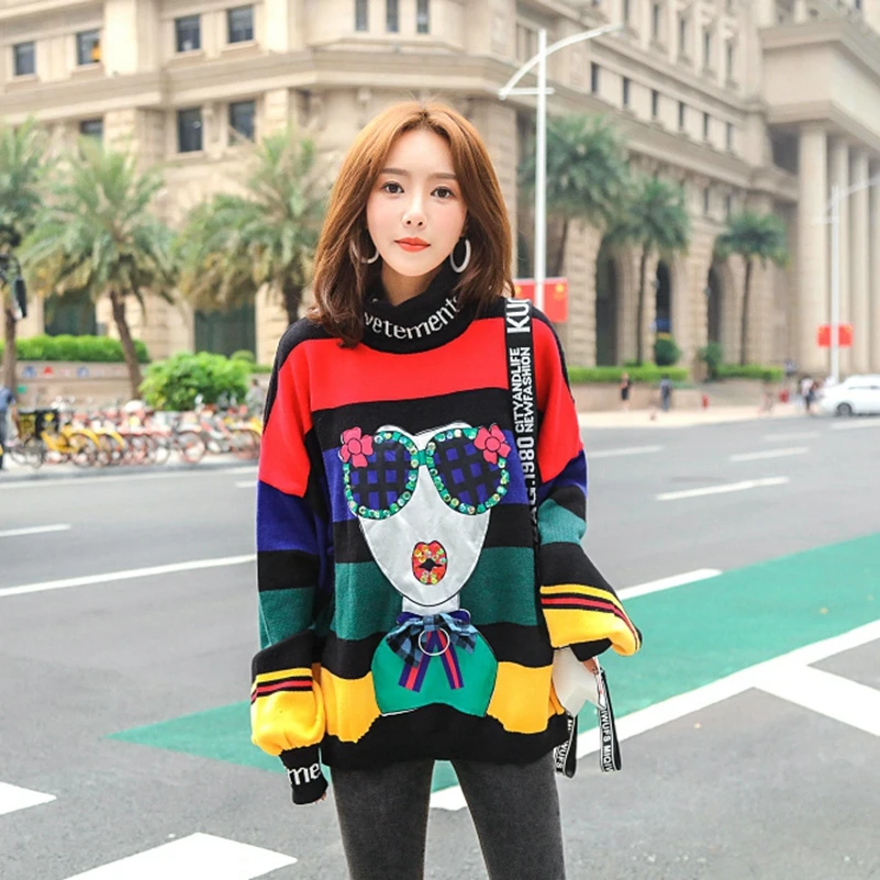 

2019 fashion The New Wild Boss stripe Loose Sequin knitting Cartoon Sweater free shipping