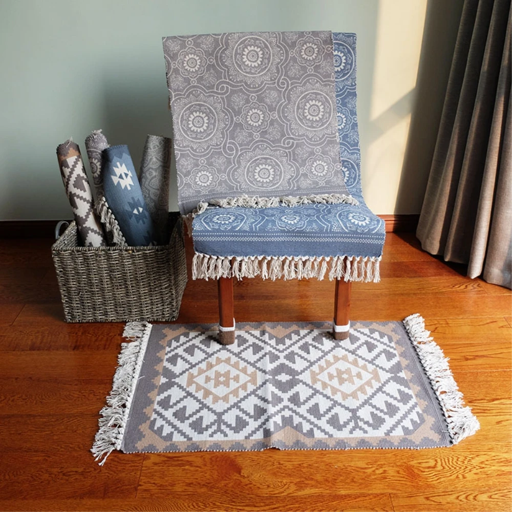

RAYUAN Morocco Modern Style Blending Rug Floral Cotton Line Mat Fringed Multi-function Rugs Carpet Doormat 60x90CM 60x130CM