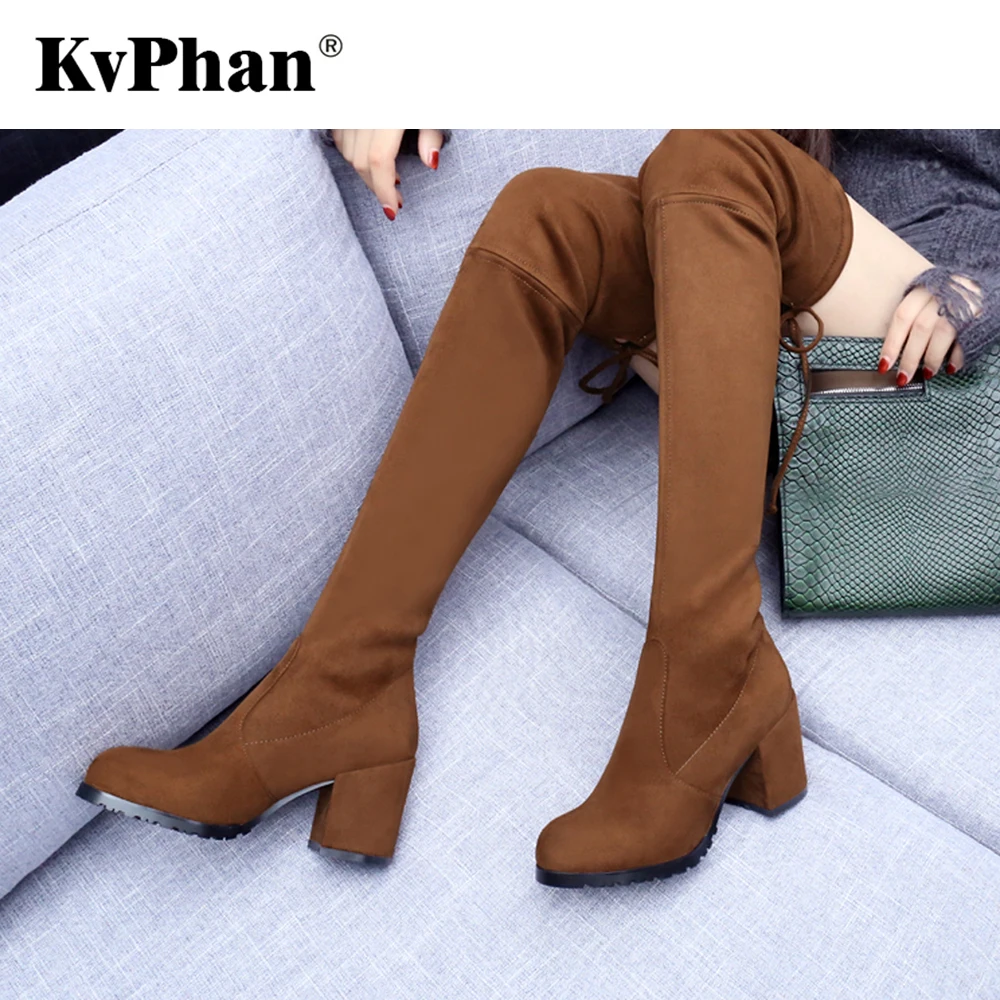 

KvPhan Sexy Pointed Toe Woman Flock Boot Square Heels 7.5 cm Heel Height Winter Over-the-knee Boots Shoes Size 34-41 Shoes Woman