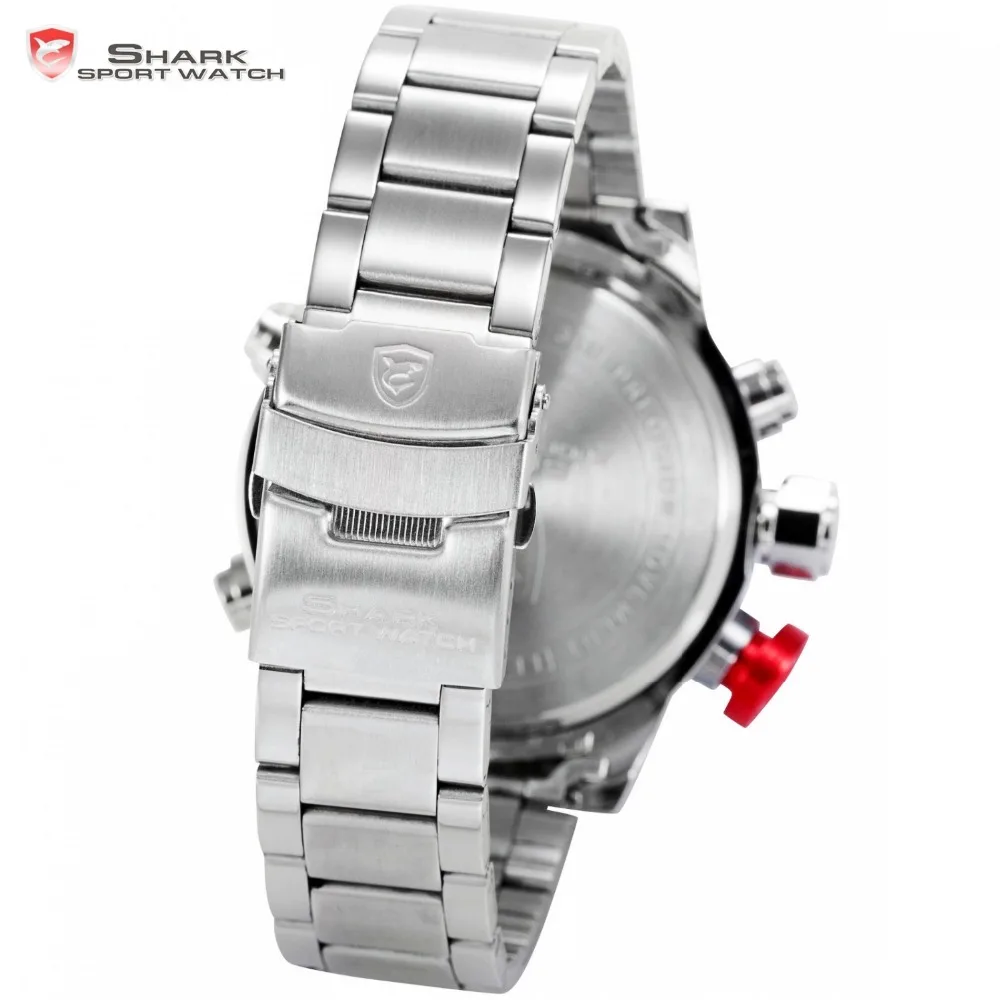 Gulper SHARK Sport Watch Stainless Full Steel Silver Japan Movement Dual Time Date Alarm Quartz Mens Digital Wristwatch / SH104