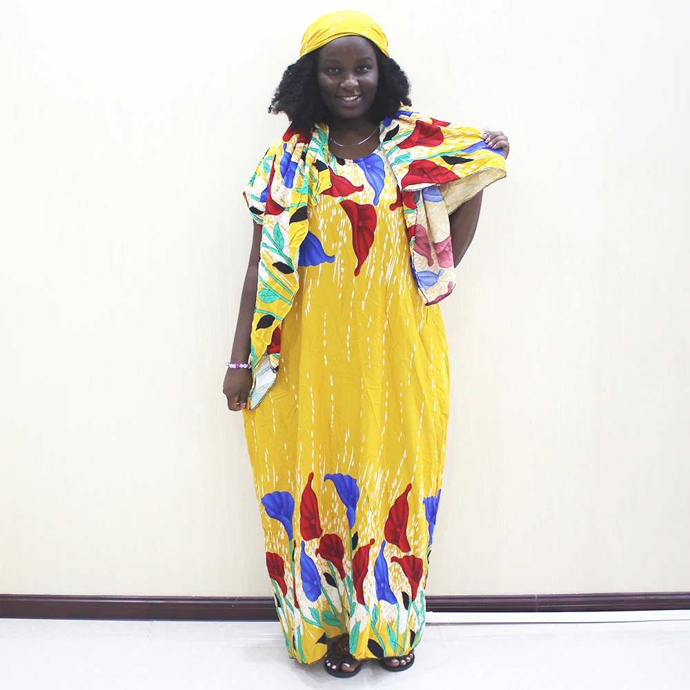 

Fashion African Ladies Clothes Yellow Cotton Print Casual African Dashiki Dress