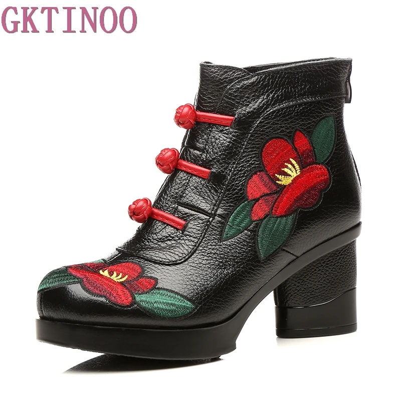 Goedkoop GKTINOO Bloemen Enkellaarsjes Voor Vrouwen Herfst Winter Lederen vrouwen Laarzen Retro Handgemaakte Handigst Schoenen Hoge Hakken