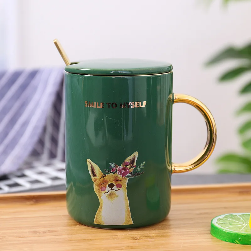 400 мл Милая кофейная кружка с изображениями животных, креативная керамическая кофейная чашка, офисные стаканчики с золотой ложкой, чашки с кроликом, лисой, оленем - Цвет: fox