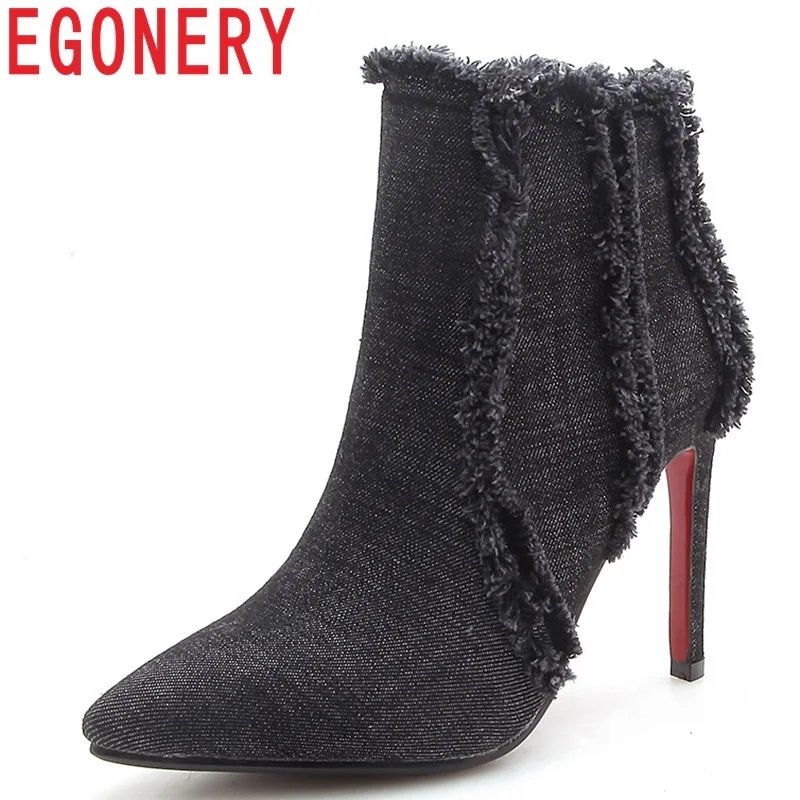 

EGONERY winter newest fashion sexy denim shoes women 10 cm thin heels zip pointed toe ankle boots outside warm black blue boots