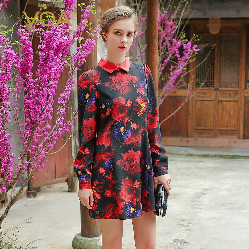

VOA Heavy Silk Women Mini Party Dresses Fall Long Sleeve Printed Sweet Sexy A Line Dress Slim Peter Pan Collar Luxury Boho A3812