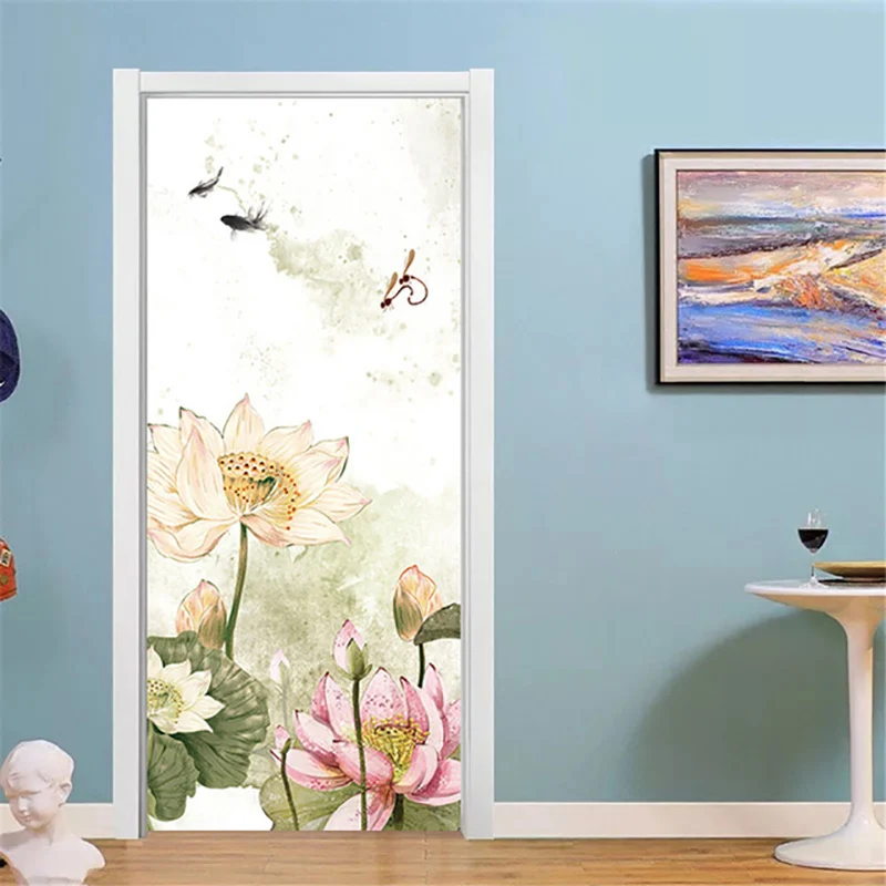 

Diy Home Decoration Modern Print 3D Canvas Rose Lotus Picture Simple Art Door Sticker Canvas Picture Waterproof Self Adhesive