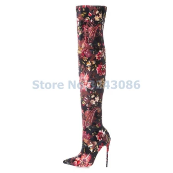 Pointed Toe Basic Thin High Heel Boots Floral Stretch Fabric Over-the-knee Long Boots Sexy Skintight Spring Autumn Women Shoes Pointed Toe Basic Thin High Heel Boots Floral Stretch Fabric Over-the-knee Long Boots Sexy Skintight Spring Autumn Women Shoes
