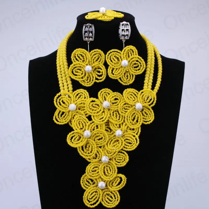 

2017 Yellow Flowers Costume African Wedding Nigerian Beads Flower Jewelry Sets Crystal Long Necklace Set Free Shipping