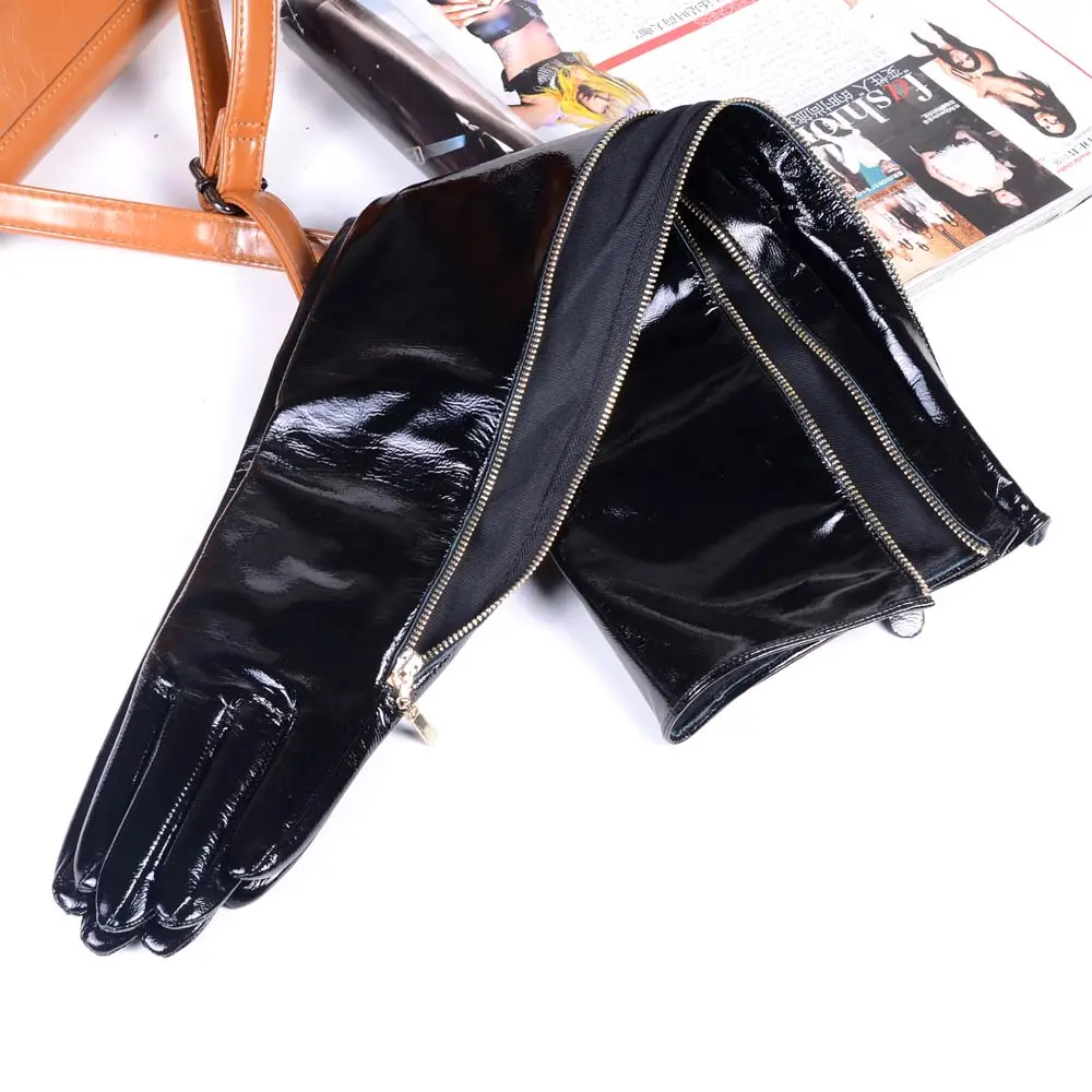 

40 50 60 70 80cm Women's Ladies Genuine leather Shiny Black Patent Leather Zipper Party Evening Overlength Opera/long gloves