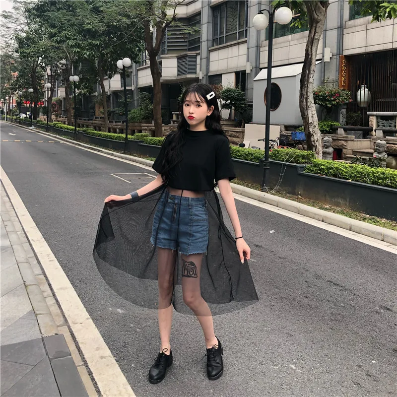 

Luxury Quality 2019 Summer Women Mesh Patchwork Black Long T-shirt