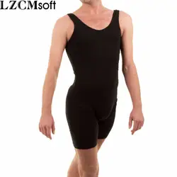 Lzcmsoft Для мужчин основной черный гимнастика Biketard комбинезон для Взрослых Лайкра Танк Короткие Комбинезоны балетная Одежда для танцев чулки