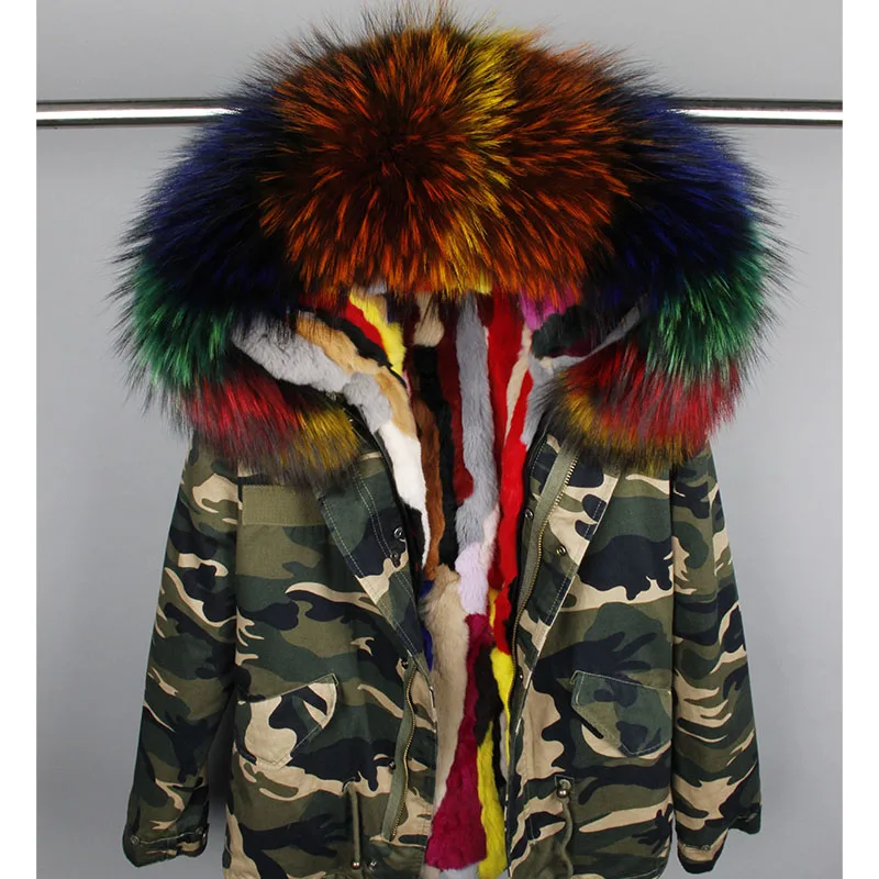 Зимняя куртка с подкладкой из кроличьего меха, женская мода, армейский зеленый большой воротник из меха енота, пальто, парки, верхняя одежда, abrigos mujer - Цвет: B2-31