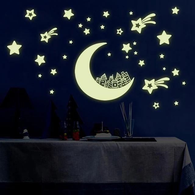 luminous moon stars wall stickers,diy night light glow in the dark