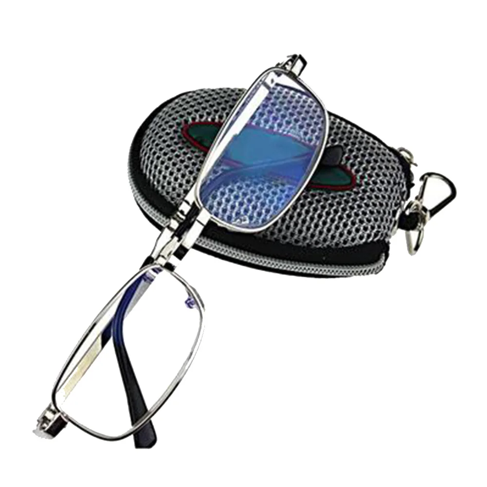 Men Women Portable Silver Folding Reading Glasses Black Case with Belt