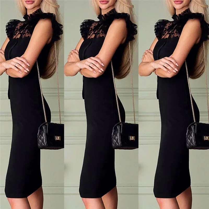 Women Elegant Mesh Patchwork See Through Bandage Dress Turtleneck Dot Black Dress Bodycon Evening Party Clubwear Knee Dress USA