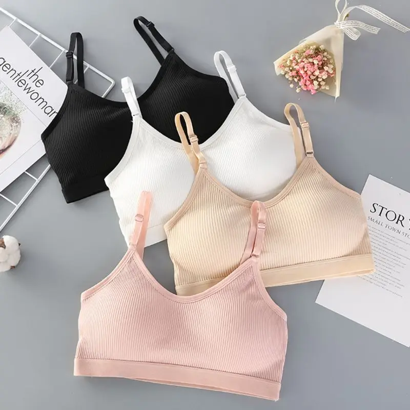 

Underwear Women Girls Sport Training Bra Thread Ribbed Solid Color Wireless Padded Cotton Bralette Seamless Thin Bandeau