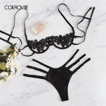 

COLROVIE Black Appliques Ladder-Cut-Out Sexy Intimates Women Lingerie Set 2019 Green Bra And Thongs Burgundy Underwear Bra Set
