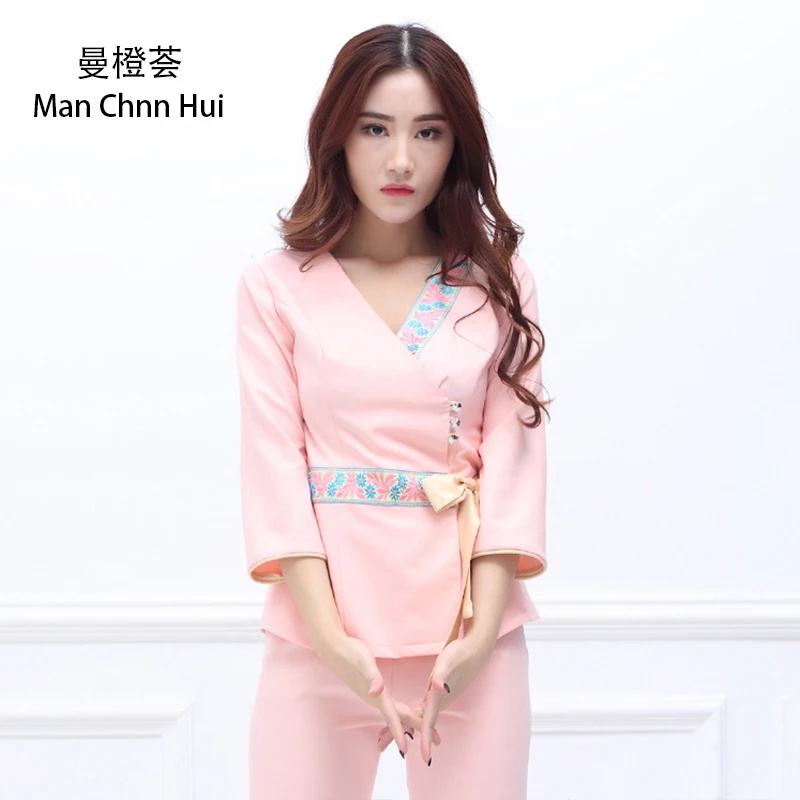 

Pink SPA overalls Beautician working clothing tooling technician sauna bath foot bath massage foot short sleeved uniforms summer