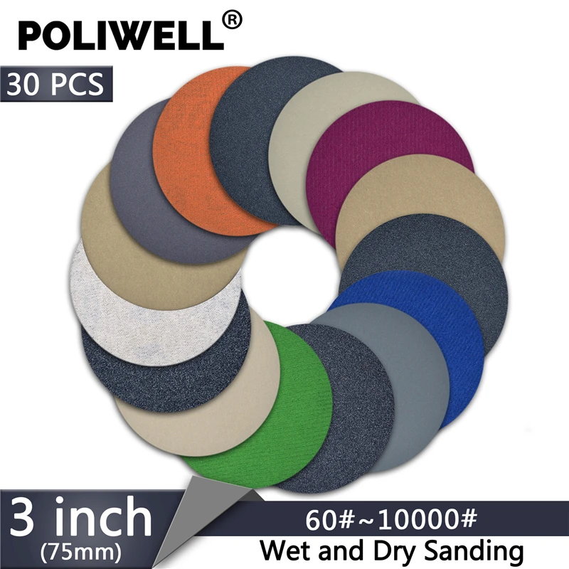 POLIWELL 30PCS 3 Inch Grit 60/240/3000/5000/10000 75mm Sanding Discs Silicon Carbide Round Flocking Sandpaper Car Polishing Tool